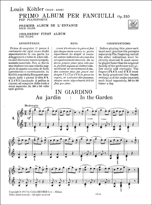 Primo Album Per Fanciulli Op 210 - Per Pianoforte - pro klavír